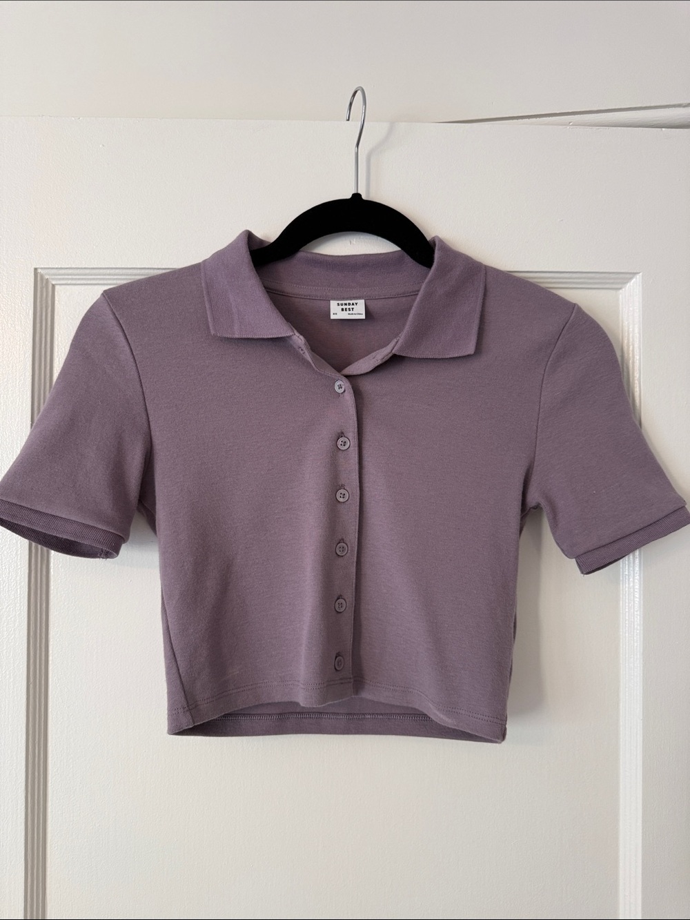 Aritzia Sunday Best Cropped Polo Button-Front Top in Dusty Lavender